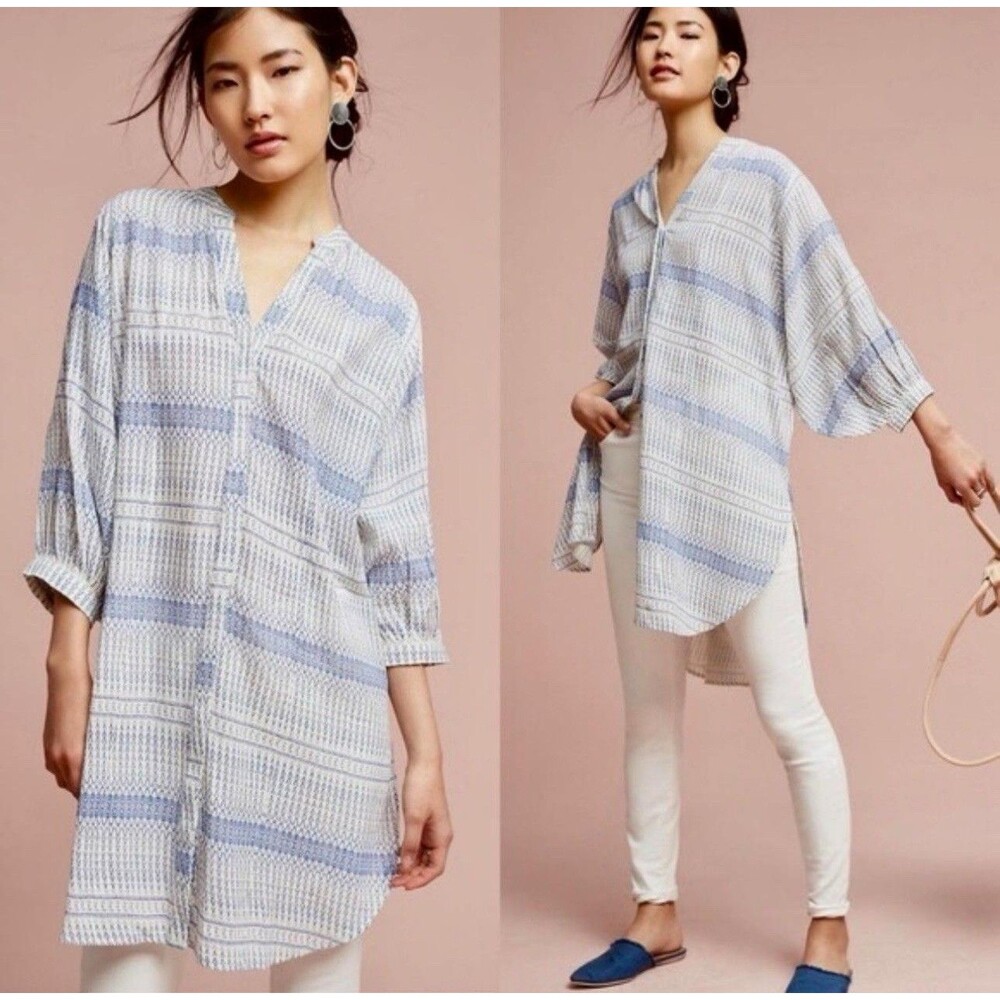 Maeve Anthropologie Lena Yarn Dye Off White Blue Oversized Boho Top Sz Small
